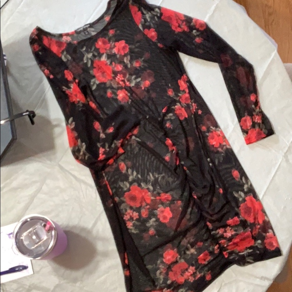 Sheer Floral black and red mini dress